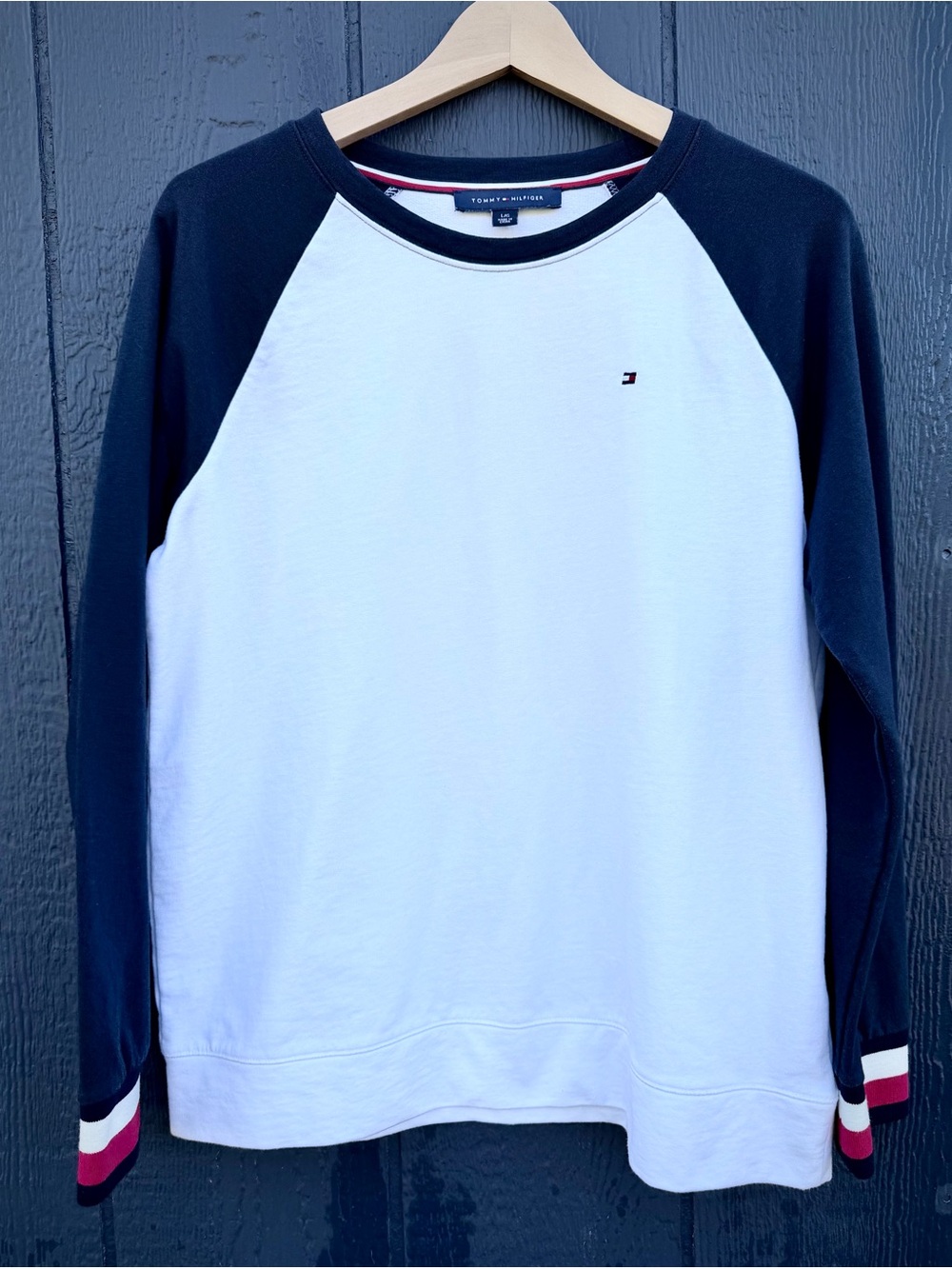 Tommy Hilfiger White & Navy Raglan Crew with Red Stripe Cuffs